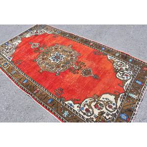 พรมขนแกะตุรกี8in 4ft วินเทจดีไซน์แบบเย็บปะต่อสีน้ำตาลแดงใช้สานแบบแบนใช้เทคนิคการตกแต่งห้องนั่งเล่นน้ำยางหนา10มม. - Product Image 4