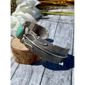 KONAIN ENTERPRISES Bracelet manchette ouvert en argent sterling 925 avec turquoise Kingman et motif plume, pour femme, style délicat, fabrication du Rajasthan, produit de tierce partie - Product Image 4