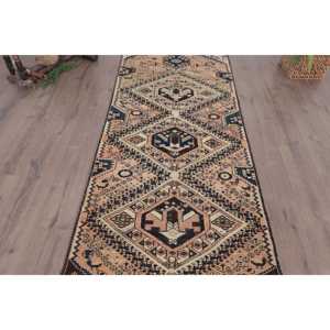 Alfombra Turca, Alfombra Vintage de 3.2x8.6 pies, Alfombra Marroquí de Lana Azul Marrón - Product Image 3