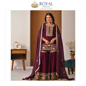 Gran Venta de Ropa India de Primera Calidad, Colección de Diseñador de Trajes Sharara de Seda Fandy con Bordado - Product Image 3