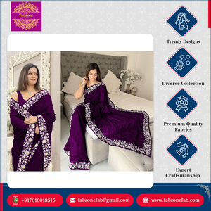 Último diseñador exclusivo bordado floral trabajo 3 mm secuencia hilo trabajo Faux Georgette boda Sari moderno para mujeres - Product Image 3