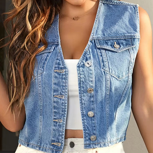 Chaqueta Vaquera Corta Informal Sin Mangas, Chaqueta Vaquera Holgada Personalizada de Moda para Mujer - Product Image 3