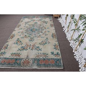 พรมวินเทจตุรกี ขนาด 5.3x10 ฟุต พรมขนาดใหญ่ สีเบจ-น้ำเงิน ลายอิคัต ทำจากขนสัตว์ - Product Image 1