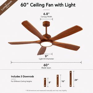 60 Inch Solid Wood <b>Ceiling</b> Fan with <b>Light</b> and <b>Remote</b>, Modern Downrod Mount Quiet DC Motor <b>Ceiling</b> Fan for Living Room - Product Image 5