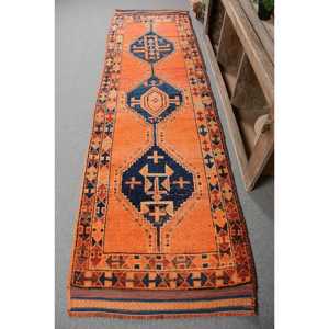 Turkish <b>Vintage</b> <b>Rug</b>, 2.9x10.2 ft Herki <b>Rug</b>, Orange Blue Southwestern Wool <b>Rug</b> - Product Image 1