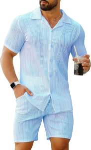 ชุดเซ็ตฤดูร้อนผู้ชาย 2 ชิ้น เสื้อเชิ้ตแขนสั้นติดกระดุมลำลองและกางเกงขาสั้น ระบายอากาศได้ดี คุณภาพพรีเมียม - Product Image 2