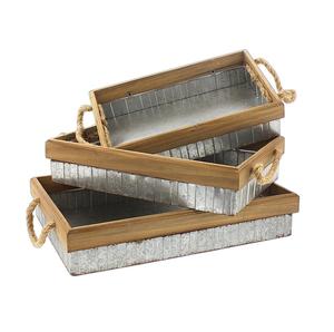 Lot de 3 plateaux de service galvanisés et en bois de qualité supérieure pour le service Plateau rectangulaire - Product Image 1