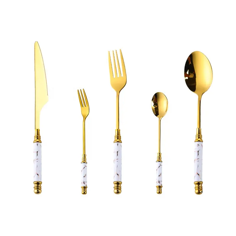 Set di posate cucchiaio coltello e forchetta Set di posate in acciaio inossidabile con manico in ceramica posate placcate in oro Set di posate per la cucina