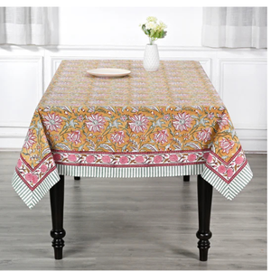 Biscotti <b>Yellow</b> Handmade Indian Floral Block Printed Cotton <b>Tablecloth</b> Modern Style Cover for Farmhouse Wedding Events - Product Image 2