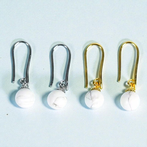 Round Beaded Howlite Gemstone Drop <b>Earrings</b> - <b>925</b> <b>Silver</b> Handmade <b>Earrings</b> for Women - Product Image 1