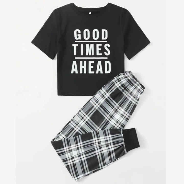 Good Times Ahead Printed Men's T-Shirt Set Black with Check Print Pajama (CN-PNW-020) Half Sleeves