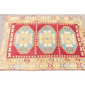 พรมวินเทจตุรกี ขนาด 4x6 ฟุต พรมลายทางสีแดงน้ำเงิน ทำจากขนสัตว์ - Product Image 5