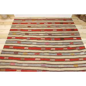 Tapis turc vintage, tapis de 5,6 x 8,4 pieds, tapis en laine rayé rouge et gris - Product Image 3