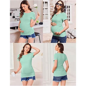 Chemises de maternité pour femmes col d'été à manches courtes côté froncé pour point 100% coton respirant séchage rapide coupe ajustée hauts de grossesse - Product Image 6