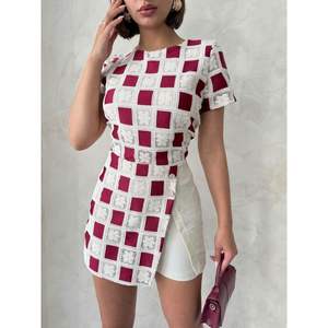 เสื้อครอเชต์แขนสั้นลายตารางสำหรับผู้หญิง - Product Image 2