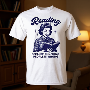 T-shirt promozionale con la scritta: Leggere è meglio che picchiare le persone, perché picchiare le persone è sbagliato - Product Image 3