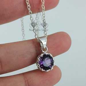 Handmade Dainty Amethyst 925 Sterling Silver Pendant Chain Necklace Bezel Setting Gemstone <b>Locket</b> Birthday Anniversary Gift for - Product Image 4