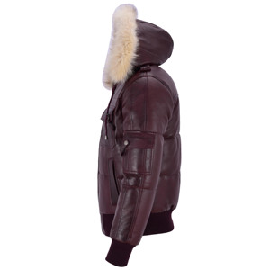 <b>Men's</b> Maroon Leather Flight <b>Jacket</b> Faux Fur Hood <b>Warm</b> Padded Winter Bomber Coat Ribbed Hem Custom Factory Wholesale - Product Image 4