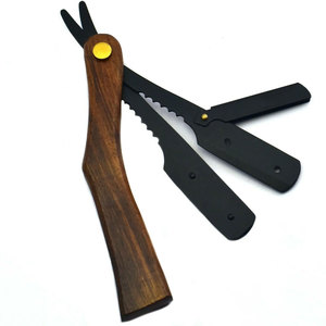 Maquinilla de afeitar desechable para peluquero profesional con mango de madera negra mate, cuchillo plegable de hoja recta para uso en salón de afeitar - Product Image 1