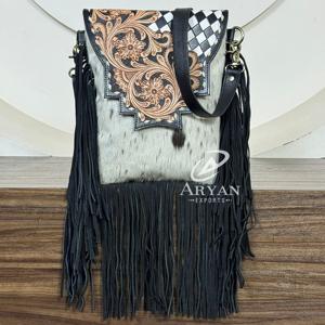 Western Handmade Tooled Leather Checkerboard Design Hair On Cowhide Fringe Crossbody <b>Handbag</b> Boho Shoulder Bag Purse for Women's - Product Image 1