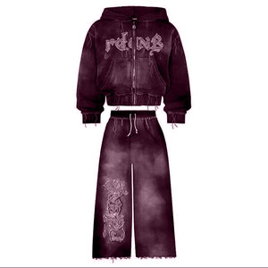 Trajes de sudor lavados con ácido personalizado 100% algodón chándal de gran tamaño Flare pantalones de chándal apilados y conjunto con capucha hecho en Pakistán - Product Image 6