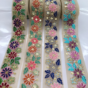 Encaje de Flores con Lentejuelas de Poliéster Bordado Indio, Cinta de Adorno, Color y Tamaño Personalizados, Tela de Tul para Calzado de Mujer - Product Image 1