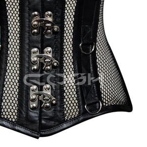 Vente en gros de lingerie sexy pour femmes, corset en maille noire avec bordure en simili cuir et fermeture à boucle avant |   Achetez maintenant - Product Image 5
