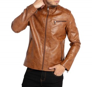 Chaqueta de Motociclista de Cuero Genuino Marrón para Hombre, Cuello Alto, Cierre de Cremallera, Corte Ajustado, para Otoño - Product Image 4