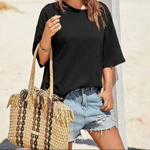 Personnalisé 2025 femmes surdimensionné été décontracté à manches courtes col rond t-shirt coupe ample fente latérale t-shirt hauts avec motif imprimé - Product Image 1