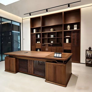 Retro Brown Solid Wood Rectangular Executive <b>Desk</b> with Mortise-And-Tenon Structure Curved Edge 1-Year Warranty - Product Image 1