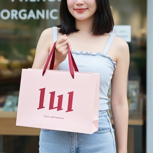 Custom Logo Printed Art Paper Shopping Gift Packaging Bag <b>Ribbon</b> Hand Length Handle Pink <b>Black</b> White for Retail Boutique - Product Image 6