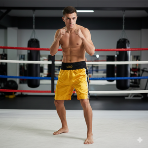 กางเกงชกมวยสำหรับผู้ใหญ่แบบขายส่ง สกรีนโลโก้ด้านหน้า ผลิตจากโพลีเอสเตอร์ 100% แห้งเร็ว ทนทาน ระบายอากาศได้ดี - Product Image 1