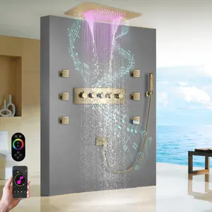 Antike Messing-Decken-LED-Kopf dusche mit Musik lautsprecher Thermostat ische Bad-und Dusch sets 580*380mm Wasserfall-Regen mischer