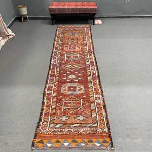 Turkish <b>Runner</b> Rug 2.8x10.7 ft, Vintage Herki <b>Red</b> Ikat Wool Rug - Product Image 1