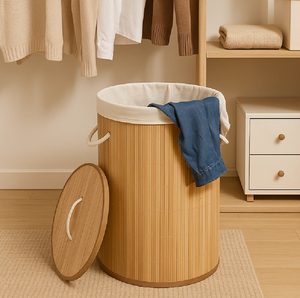 ตะกร้าซักผ้าสไตล์เบนโตะแบบชั้นทำจากไม้ไผ่มีฝาปิดและที่จับด้านบนสุดมีจำหน่ายในราคาขายส่ง - Product Image 2