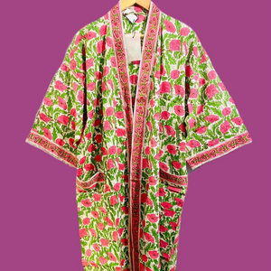 Robe kimono en coton imprimé à la main vert et rose à motifs floraux pour femmes, peignoir indien léger, robe de détente grande taille - Product Image 1