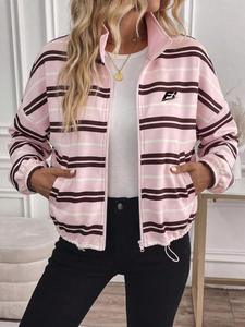 Custom Unisex Striped <b>Zip</b> <b>Up</b> <b>Jacket</b> Stand Collar Long Sleeve Casual Windbreaker Drawstring Hem Relaxed Fit Streetwear Hoodies - Product Image 2
