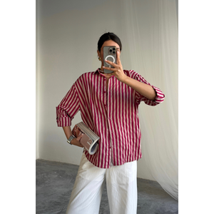 Camisa de Lino a Rayas Borgoña para Mujer, Colección de Blusas y Camisas Elegantes - Product Image 3