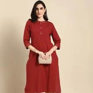 Conjunto de Kurta de Verano 2024 para Mujer, Color Rojo Sólido, Algodón Puro, Elegante, Manga Larga, Cuello Mandarín, con Adorno Zari - Product Image 1