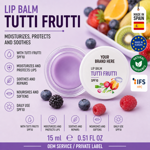 Bálsamo Labial Tutti Frutti de Marca Privada con SPF10 15ml OEM |   Cuidado Labial Hidratante con Manteca de Karité y Vitamina E |   España UE - Product Image 1