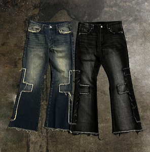 Pantalones de mezclilla desgastados bordados personalizados, ropa de calle personalizada, pantalones vaqueros de mezclilla acampanados vintage holgados de gran tamaño para hombres - Product Image 1