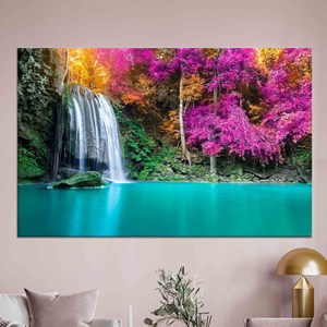 Impression sur toile Cascade de arbres violets : Art mural vue sur lac, nature sereine, toile enveloppée - Product Image 1