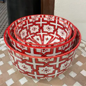 摩洛哥红白陶瓷沙拉碗手工手绘Fes套装3件套