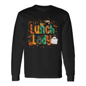 <b>Halloween</b> Lunch <b>Lady</b> Long Sleeve <b>T</b>-<b>Shirt</b> Spooky Cafeteria Design Unisex Adult Crew Neck Digital Printing - Product Image 1