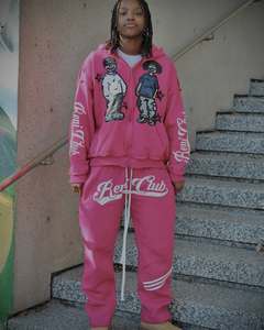 เสื้อฮู้ดคอตตอนแบบไม่มีสายโอเวอร์ไซส์สำหรับผู้ชายผ้าฟลีซหนาปักลายแบบวินเทจ - Product Image 4