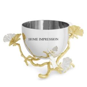 Bol de couleur argent de forme ronde avec feuilles de gingko plaquées or de haute qualité Base Designer Vente en gros d'art créatif moderne - Product Image 1