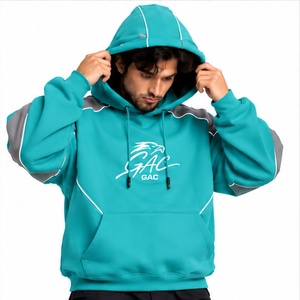 <b>Mens</b> Teal Color Hoodie With <b>Grey</b> Panels Contrast Piping Sleeve Zipper Pockets And Kangaroo Pocket For Casual Streetwear Clothing - Product Image 4