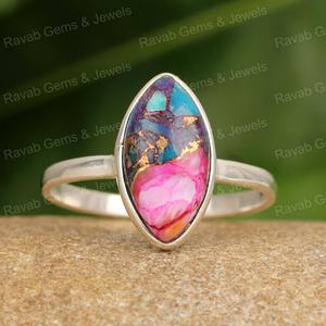 Bague cadeau d'anniversaire en argent sterling 925 pour femme faite à la main haute vente véritable rose épineux turquoise 8x16mm forme marquise solide - Product Image 4