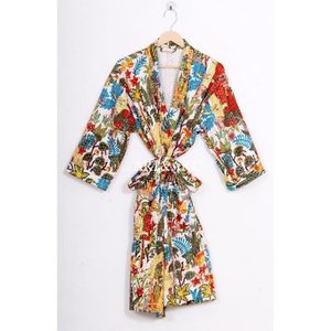 Al por mayor Bata Kimono de Algodón Kantha para Mujer de Verano, Cuello en V, Cierre con Cordón, Transpirable, Estampado Floral, Largo Completo, para Baño - Product Image 5
