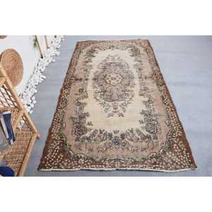 Vintage Rug, 3,9x7,2 ft Area Rug, <b>Brown</b> Beige <b>Wool</b> Rug - Product Image 1